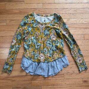 Silka Anthropologie Floral French Terry Peplum Top Mustard Blue XS Mixed Media